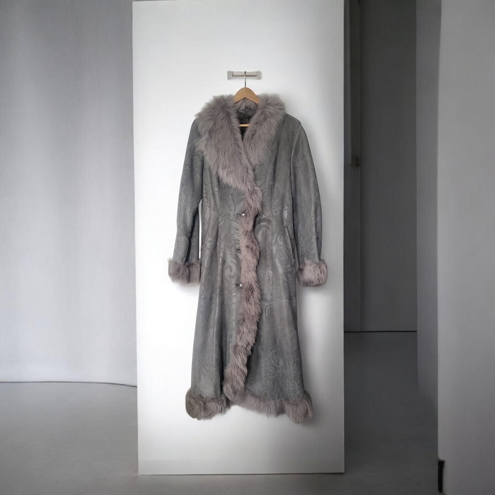 Genuine Italian Suede Fur Lined Jacket Gray Shimmer Trim Luxury Jacket Coat